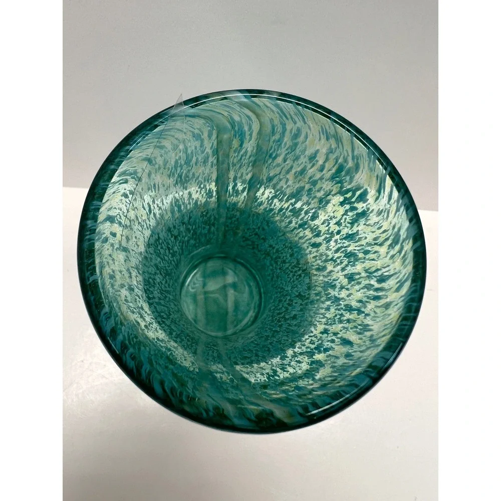 Hand Blown Art Glass Vase Mottled Aqua White Overlays Stretched Tapered Heavy